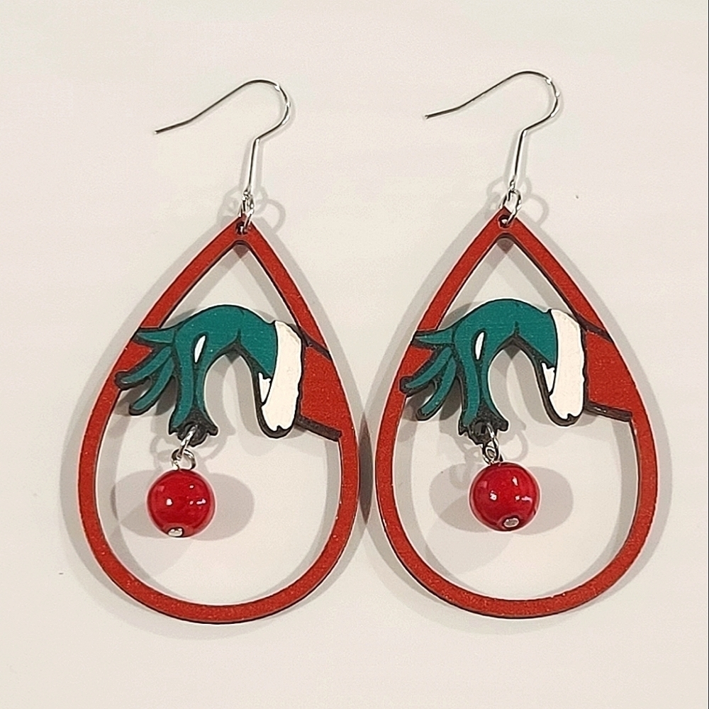 The Grinch Wood Dangle Hook Earrings